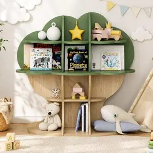 Green Tree Kids Bookshelf Toddler Bookcase 4-Tier Baby Book Rack Children Toy Storage Organizer Forest Wood Display Shelf for Nursery Playroom Bedroom Classroom School Homeschooling Boy Girl’s Gift