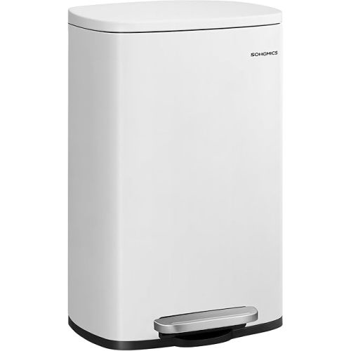SONGMICS 13 Gallon (50 L) Trash Can, Stainless Steel Kitchen Garbage Can, Recycling or Waste Bin, Soft Close, Step-On Pedal, Removable Inner Bucket, White ULTB050W01