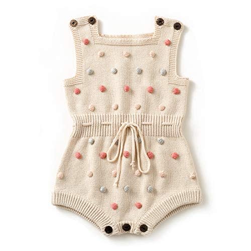 Simplee kids Baby Girl Romper, Sleeveless Pompoms Square Neck | Soft Breathable Cotton, Spring Summer Fall Adjustable Waist One Piece Cute Daily Clothes Outfit, Newborn Infant Girls