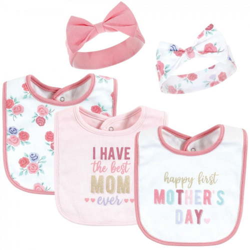 Hudson Baby Infant Girl Cotton Bib and Headband or Caps Set, Mothers Day, 0-9 Months