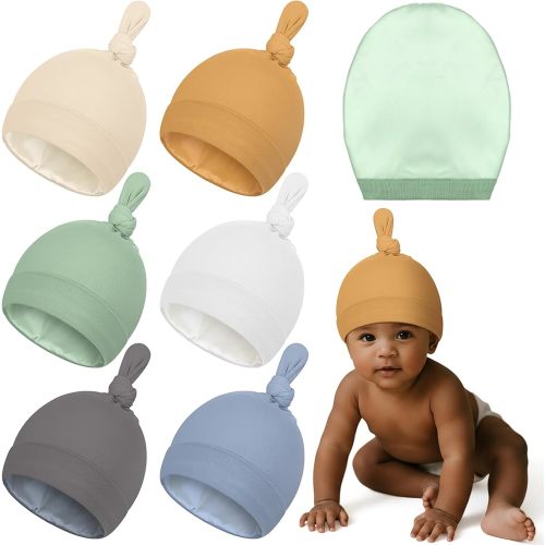 Shihanee 6 Pcs Satin Lined Baby Newborn Hats Beanie Hats Soft Silk Satin Bonnet Infant Toddler Cap for 0-6 Months Girls Boys(Classic Colors,Knot Style)