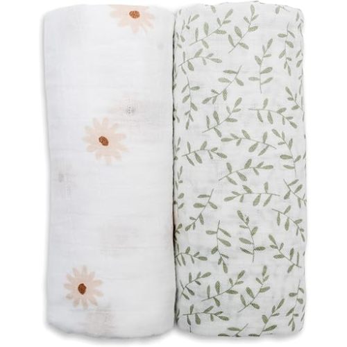 Lulujo Baby Swaddle Blankets | Unisex Softest Breathable Cotton Muslin Swaddle Blanket Set | Neutral Receiving Blanket for Girls & Boys | 40in x 40in | Daisies & Greenery | 2-Count