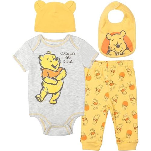 Disney Winnie the Pooh Baby 4-Piece Bodysuit Pants Bib and Hat Set Newborn to Infant