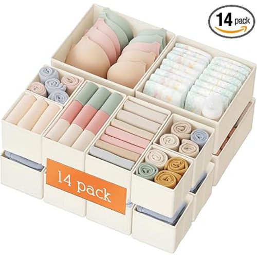 Criusia Drawer Organizer Clothes, 14 Pack Dresser Organizer for Baby Clothes, Underwear, Sock- Foldable Closet Organization and Storage Dividers Bins for Nursery, Bedroom and Dorm (Beige)