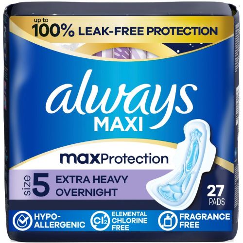 Always Maxi Extra Heavy Overnight Pads with Wings - Size 5 - 27ct