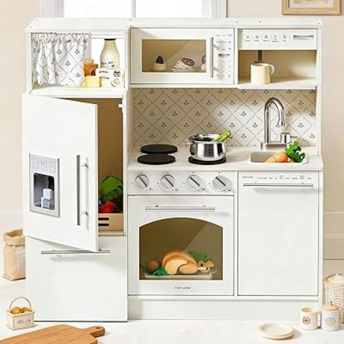 Tiny Land Play Kitchen for Kids, Upgraded Wooden Kitchen Toy with Complete Play Areas, Pretend Cooking Set with Sink, Stove, Microwave, Toy Coffee Station & Storage for Kids Ages 3+