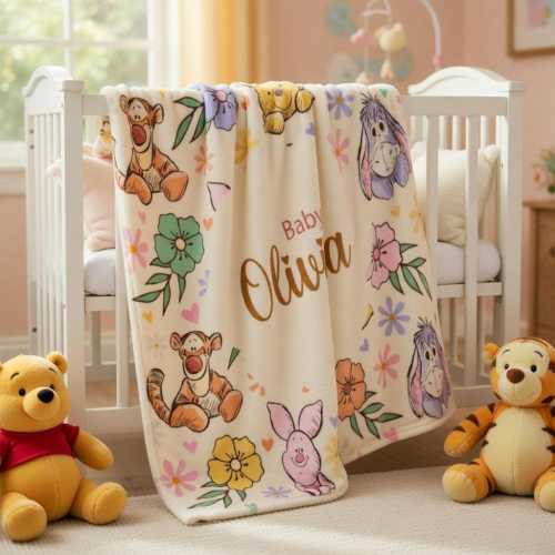 Winnie the Pooh Baby Blanket Personalized, Disney Pooh Piglet Tigger Eeyore Nursery Decor, Custom Newborn Girl Gift, Floral Baby Shower