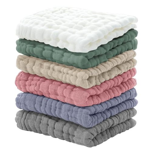 Looxii Muslin Baby Washcloths 6 Pack, 100% Cotton Baby Wash Cloths for Baby Face Body, 12x12 inches Large Soft Absorbent Face Towels for Newborns Multicolor - 12x12in