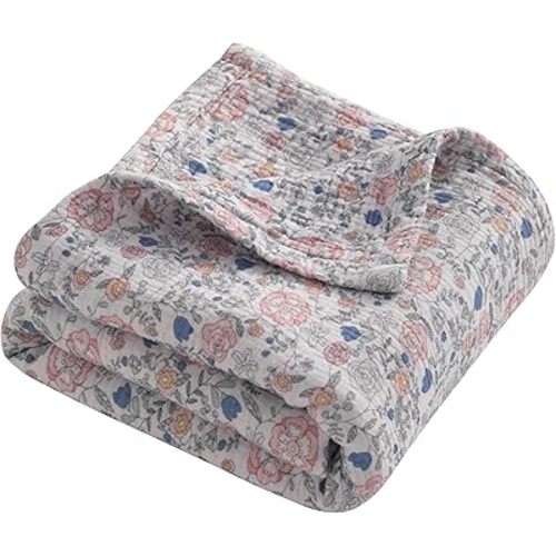 NTBAY 4 Layer Muslin Cotton Toddler Blanket, 30x40 Soft and Breathable Receiving for Newborns and Infants, Perfect for Crib, Stroller, Travel, Lightweight Nursery Blanket, Vintage Floral