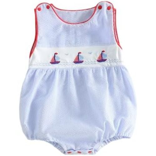 Newborn Baby Boy Girl Summer Bubble Romper Sailboat Embroidery Overalls Sleeveless Striped Bodysuit Beach Outfit