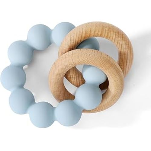 Socub Baby Teething Toys for 0-6 6-12 Months | BPA-Free Food-Grade Silicone & Natural Beech Wood Teether Ring for Newborn Infants Teething Relief | Easy-Grip Sensory Rattle Toys(Baby Blue)