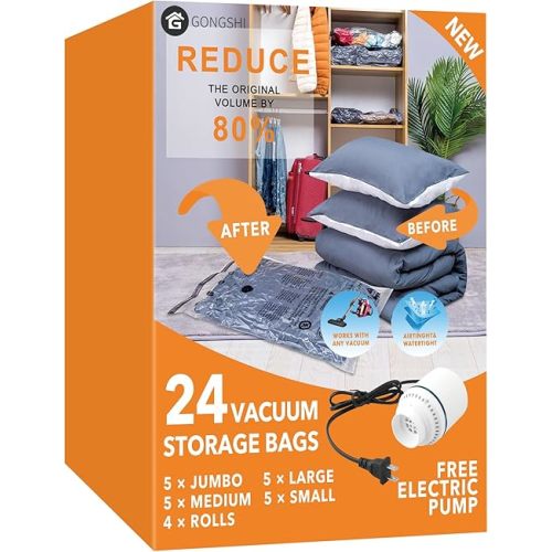 24 Pack Vacuum Storage Bags with Electric Pump, (5 Jumbo, 5 Large, 5 Medium, 5 Small, 4 Roll Up Bags) Space Saver Bag for Clothes, Mattress, Blanket, Duvets, Pillows, Comforters,Travel