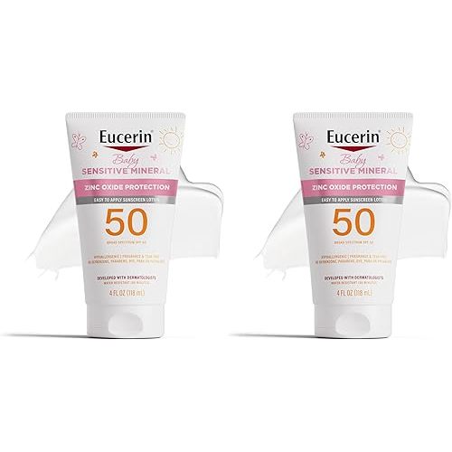 Eucerin Sun Sensitive Mineral Baby Sunscreen Lotion SPF 50 with Zinc Oxide Protection,Hypoallergenic Mineral Sunscreen for Babies,Tear Free and Fragrance Free,4 Fl Oz Tube,(Pack of 2)