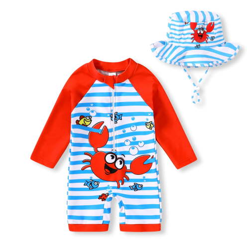 Younger Tree Baby Boys Swimsuit Toddler Long Sleeve Rash Guard Swimwear One Piece Zipper Bathing Suit with Hat,Size 3-6 Months