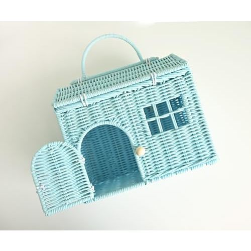 Rool Wicker Little Doll House Basket & Rattan Purse, House Shaped Basket Purse & Doll Carrier for Mouse Toys, Blue