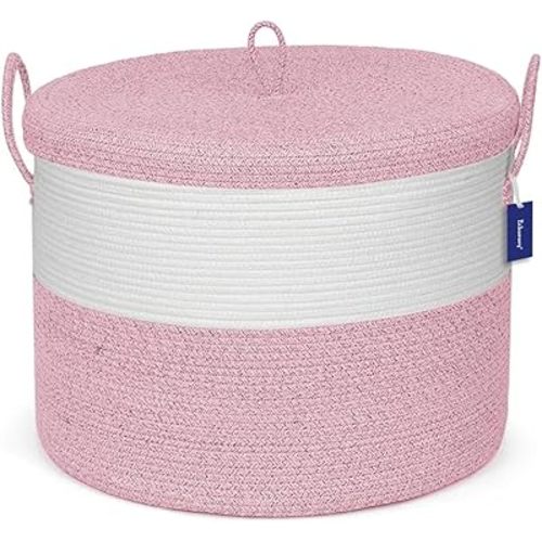 21" x 18" Extra Large storage baskets,Eco-friendly Decorative blanket basket with lid for Living room,rope baskets with lid,wicker hamper for bedroom,Big,Round,Pink 115L