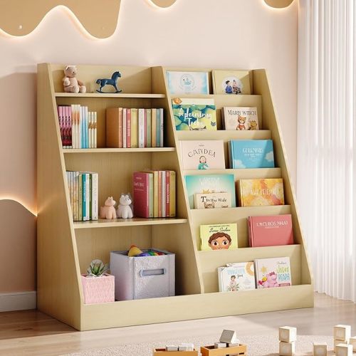 Tatub 6 Tier Kids Wooden Bookshelf and Toy Storage, Children Toy Organizer with Upgraded Book Shelves, Toddler BookRack Baby Bookcase for Nursery, Playroom and Classroom, Natural Wood