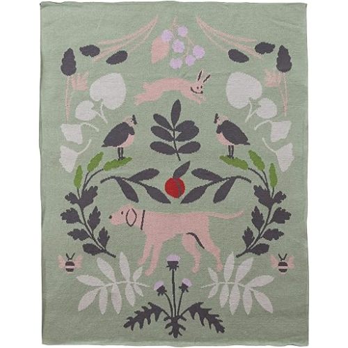 Creative Co-Op Cotton Knit Baby Blanket with Botanical and Animal Motifs, Multicolor
