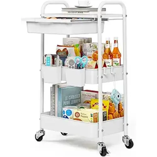 3 Tier Metal Rolling Utility Cart with Drawer & Lockable Wheels - Heavy Duty Multifunctional Storage Organizer with 2 Cups and 4 Hooks for Bathroom, Kitchen, Snack, Craft, Makeup, Baby Essentials