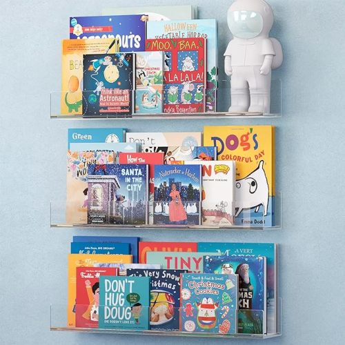 NATURE SUPPLIES Acrylic Bookshelf, Set of 3, 16" Clear Floating Shelves, Modern and Durable Nursery Wall Display for Books and Toys, Stylish Acrylic Shelving for Home or Office Décor