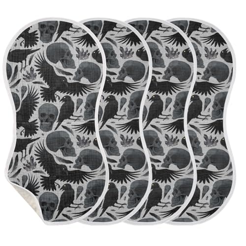 Muslin Baby Burp Cloths, Gothic Crows Skulls Muslin Washcloths Baby Bibs Rags Comfy Soft Absorbent in for Newborn Boys and Girls 4 Piece 22 x 11 Inch