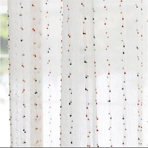 Faux Linen Colorful Pom Pom Sheer Curtains for Kids Room Embroidered Light Filtering Voile Drapes Rod Pocket Window Curtain Vintage Window Treatment 2 Panels W39 X L63 Inch
