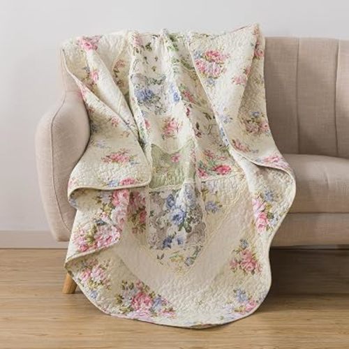 Soul & Lane - English Garden Floral Cotton Quilted Throw Blanket, 50" x 60"