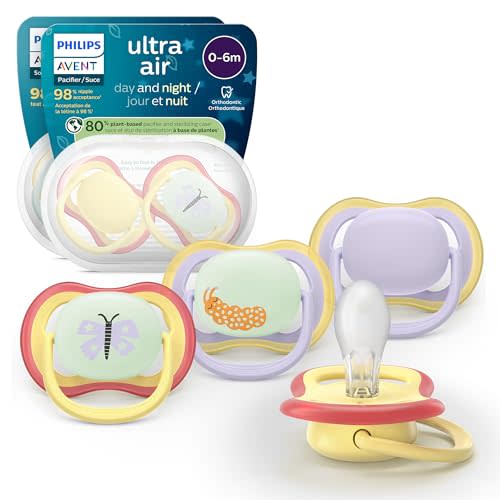 Philips Avent Ultra Air Day & Night Pacifiers, Orthodontic Design, for Babies 0-6 Months, Glow in the Dark, Soft Silicone Symmetrical Nipple, BPA-Free, 2 Sterilizing Cases, 4 Pack, SCF087/31