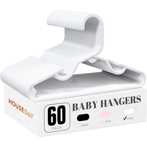 HOUSE DAY Plastic Baby Hangers for Closet 60 Pack, Durable Plastic Kids Hangers for Baby Clothes, Thin & Compact Childrens Hangers, Space Saving White Baby Hanger, Small Hanger for Kids Clothes | Small Baby Clothes Hangers for Newborn to Toddler | Non-Sli