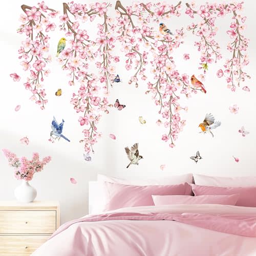 wondever Cherry Blossom Flower Vine Wall Stickers Pink Hanging Floral Tree Branch Birds Peel and Stick Wall Art Decals for Bedroom Living Room Sofa