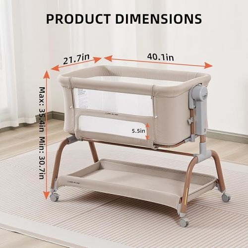 ANGELBLISS 3 in 1 Baby Bassinet, Rocking Bassinets Bedside Sleeper with Comfy Mattress and Wheels, 6 Height Adjustable Easy Folding Portable Bedside Crib for Newborn Infant (Khaki)