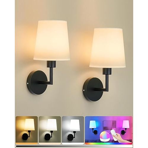 Battery Operated Wall Sconce Set of 2, Rechargeable Wall Light with 10000mAh RGB Dimmable Magnetic Bulbs and Remote, 15 Color Wireless Wall Lamps for Bedroom (Black)