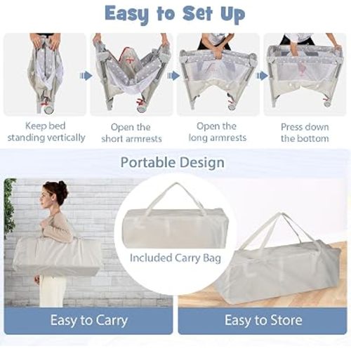 BABY JOY 5-in-1 Pack and Play, Portable Baby Bedside Sleeper with Bassinet, U-Shaped Diaper Changer, Safety Strap, Side Zipper Entrance, Hangings, Bedside Crib Playard from Newborn to Toddlers (Beige)