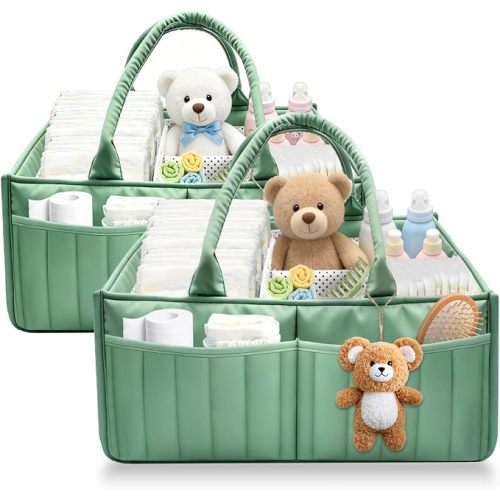 2-Pack Baby Diaper Caddy Organizer,Portable Large Capacity Nursery Storage Basket,Multifunctional Nursery Diaper Holder,Capacity Waterproof Storage Bin for Infant Diapers,Gift for Baby Shower,khaki