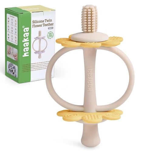 haakaa Silicone Twin Flower Teether,Nipple-Shaped End for Gum Massage,360° Baby Toothbrush Head for Self-Brushing Training,Easy to Grip -Mango