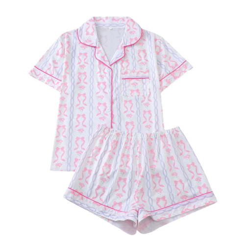 XIAONU Women's Pink Bow Chain Floral Print Pajama Set Loose Short Sleeve Notch Collar Loungewear Soft Romantic Relax Pajamas