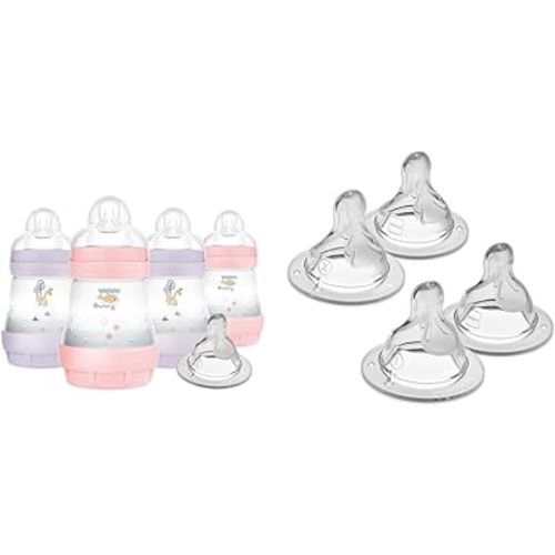 MAM Anti-Colic Baby Bottles, Slow Flow Nipples, Extra Slow & Slow Flow Nipple 4 Pack