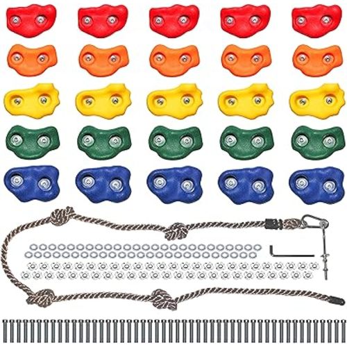 Jungle Gym Kingdom Rock Climbing Holds for Kids - Indoor & Outdoor Rock Wall Climbing Kit with Mounting Hardware, Knotted Rope and 25 Handles - Playground Accessories