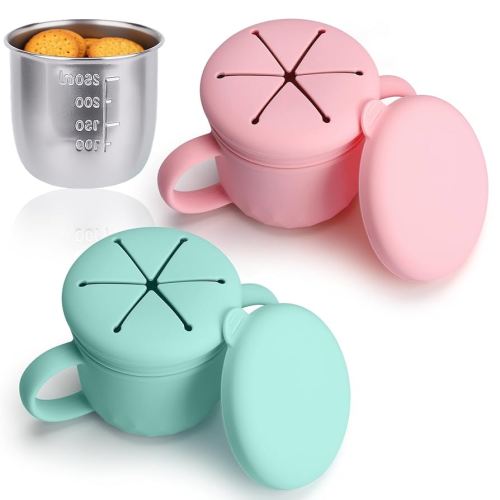 Stainless Steel Snack Containers for Kids, Silicone Snack Cups for Toddlers Spill Proof with Lids, 2 Pack Reusable Toddler Snack Containers Gifts for Baby, Kids, Dishwasher Safe