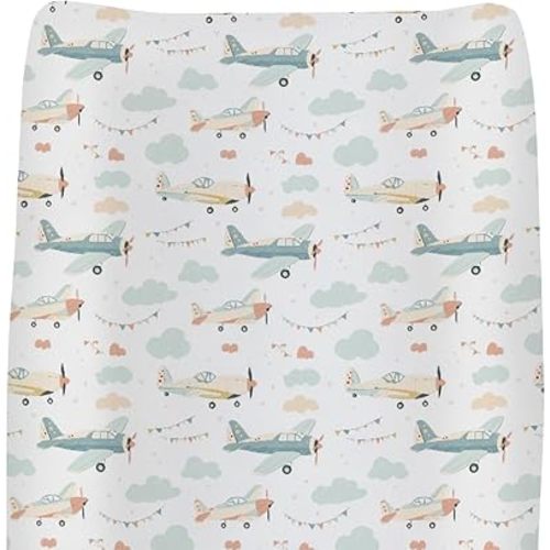 Colorful Planes Changing Pad Covers for Baby Girls Boys Retro Airplanes Sky Fitted Changing Table Mats Travel Adventure Soft Diaper Change Table Cover Sheets for 32''×16'' Contoured Pad