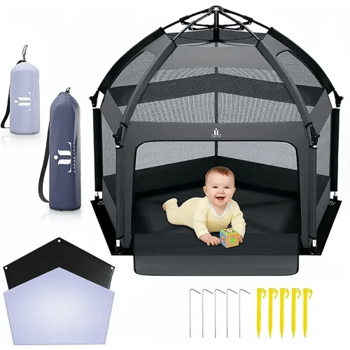 Pop-Up Playpen for Babies & Toddlers Foldable with Canopy (UPF 50), Self-Inflating Playmat, Wind Shade & Carry Bag Durable Baby Beach Tent, Outdoor
