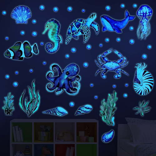 WSNIJFU 52 Pcs Ocean Fish Wall Decals Glow in The Dark Under The Sea Wall Decals Sea Animals Wall Stickers Removable Waterproof Peel and Stick for Kids Bathroom Watercolor Ocean Decor (Funny Style)