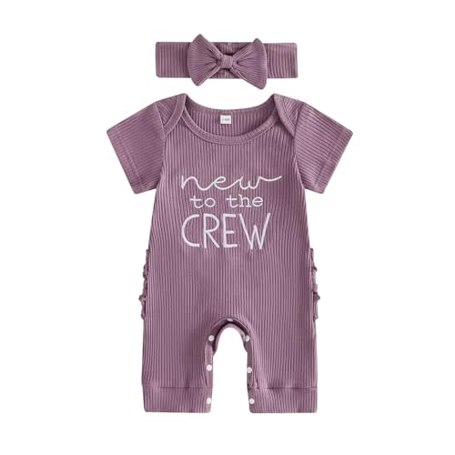 Newborn Baby Girl Summer Outfit Romper New To The Crew Embroidery Short Sleeve Bodysuit Jumpsuit Infant Clothes