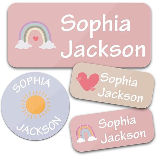 Personalized Daycare Name Labels for Kids (130 Labels) - Custom Waterproof Name Stickers for Clothing Tags, Water Bottles, Lunch Boxes and School Supplies (Daydream)