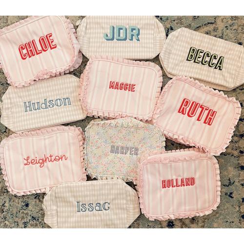 The Wipeable Everything Pouch - Embroidered "catch all" seersucker pouch - Perfect for baby or bridesmaid gifts!