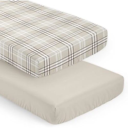 Sweet Jojo Designs 2-Piece Baby Crib Sheets Set (Tan Gingham Plaid) for Boys or Girls, Infant Nursery, Toddler Room - Fitted, Standard Size (Solid Beige & Checkered, Classic, Tartan, Rustic Farmhouse)