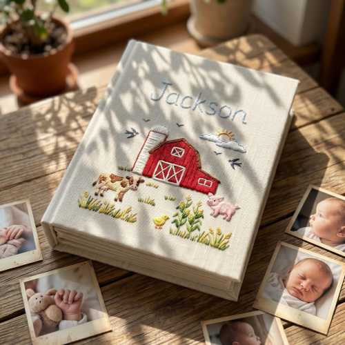 Hand Embroidered Baby Album, Personalized Farm Animals Memory Book, Custom Linen Photo Journal, First Birthday Keepsake Gift for baby