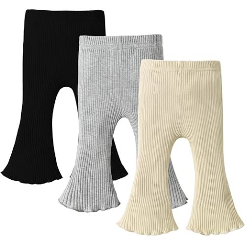 DREAM BUS 3 Pack Baby Girl Pants Toddler Leggings Solid Ribbed Cotton Baby Girls Flare Pants Toddler Bell Bottoms