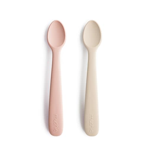 mushie Silicone Baby Feeding Spoons | 2 Pack (Blush/Shifting Sand)