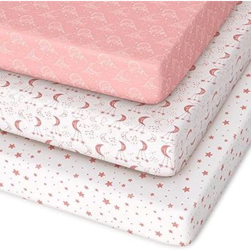 Pack and Play Sheets Fitted 3 Pack, Mini Crib Sheets for Pack N Play Mattress Stretchy Portable Playard Sheets, Soft Breathable Pink White Moon